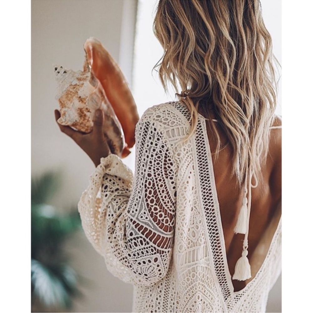 Bohemian White Low Back V Neck Dress Cover Up S M L XL XXL